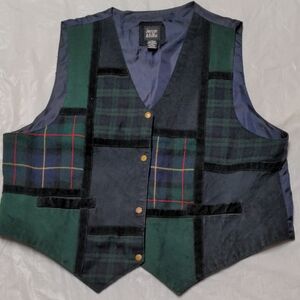 Vintage 90s Leather Wool Tartan Plaid Green Blue Dark Academia Vest Sz 22/24